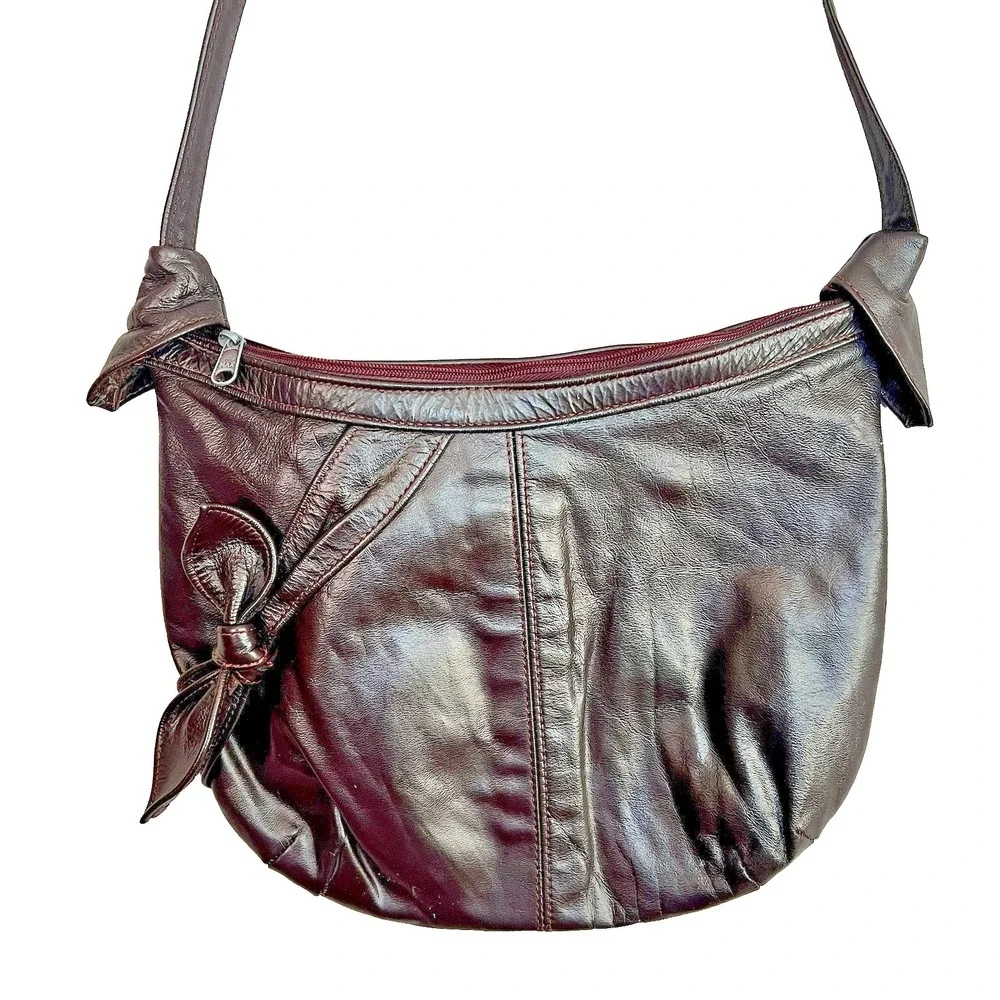 Vintage BAJA CALIFORNIA Leather Shoulder Bag Dark Burgundy Hobo with Bow